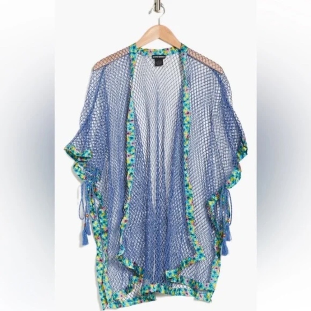 Steve Madden Net Cardigan Beach Cover Up Blue Floral One Size Fits Most